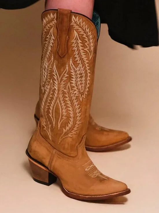 Women's Tan Handcrafted Western Boots J Toe Tall Cowboy Boots with Distressed - Picture 2 of 5